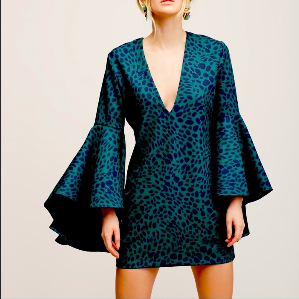 FREE PEOPLE | Backstage | Dress | Blue/Green |Wide Sleeve | Sz Sm | NWOT